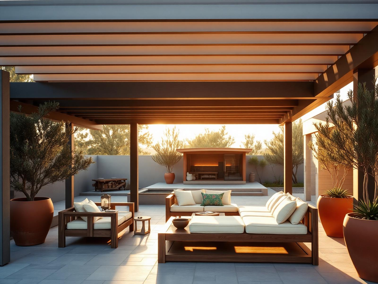 A modern outdoor living room with louvered pergola, teak lounge, and sauna at golden hour
